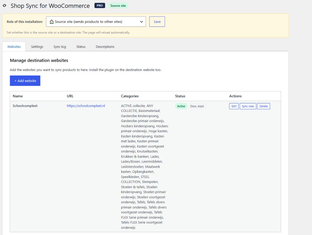 Webshoptiger Catalog Sync settings screen showing role, sync interval, and OpenAI options